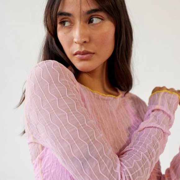 Urban Outfitters Mimi Semi-Sheer Textured Crew Neck Top - Picture 2 of 6